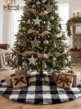 Storehouse Buffalo Check Christmas Tree Skirt Plush Black & White Plaid 56 inch